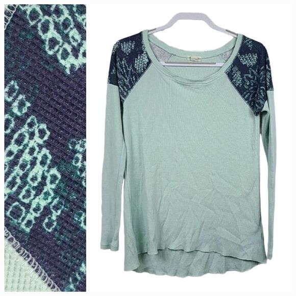 Roxy Mint Green Boho Waffle Thermal Shirt Long Sleeve Floral Print Top Medium - Picture 1 of 10